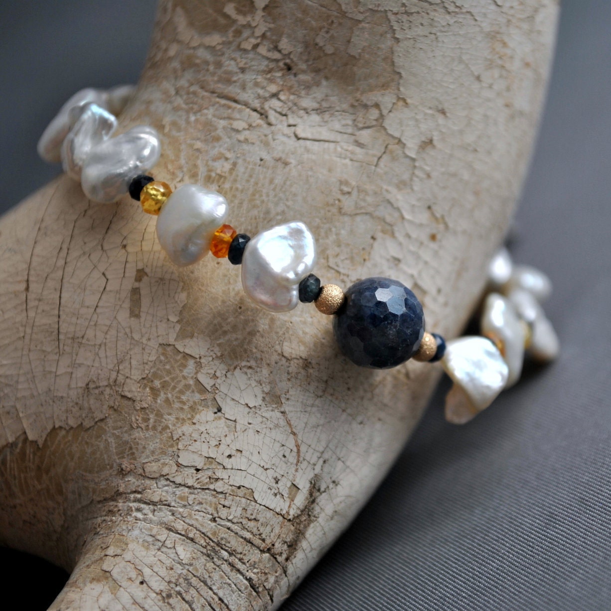 Terzah- Boho Keshi Pearl and Sapphire Bracelet with Detailed Scarab Beetle Charm. FREE SHIP US