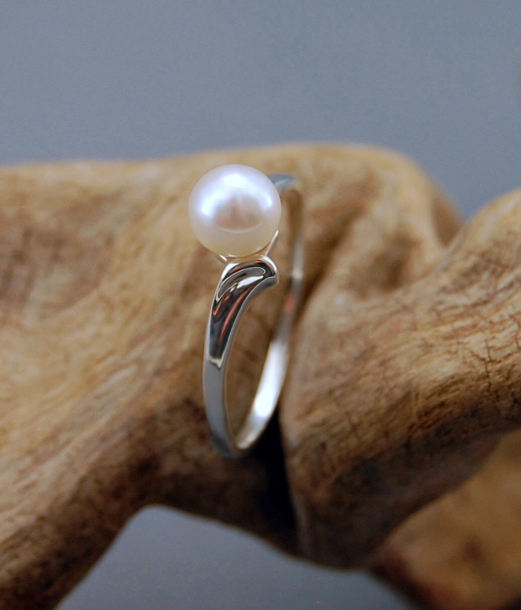 Devika CW - Akoya Pearl Engagement Ring, Promise or Wedding Ring in a Solid Continuum Silver, FREE SHIP
