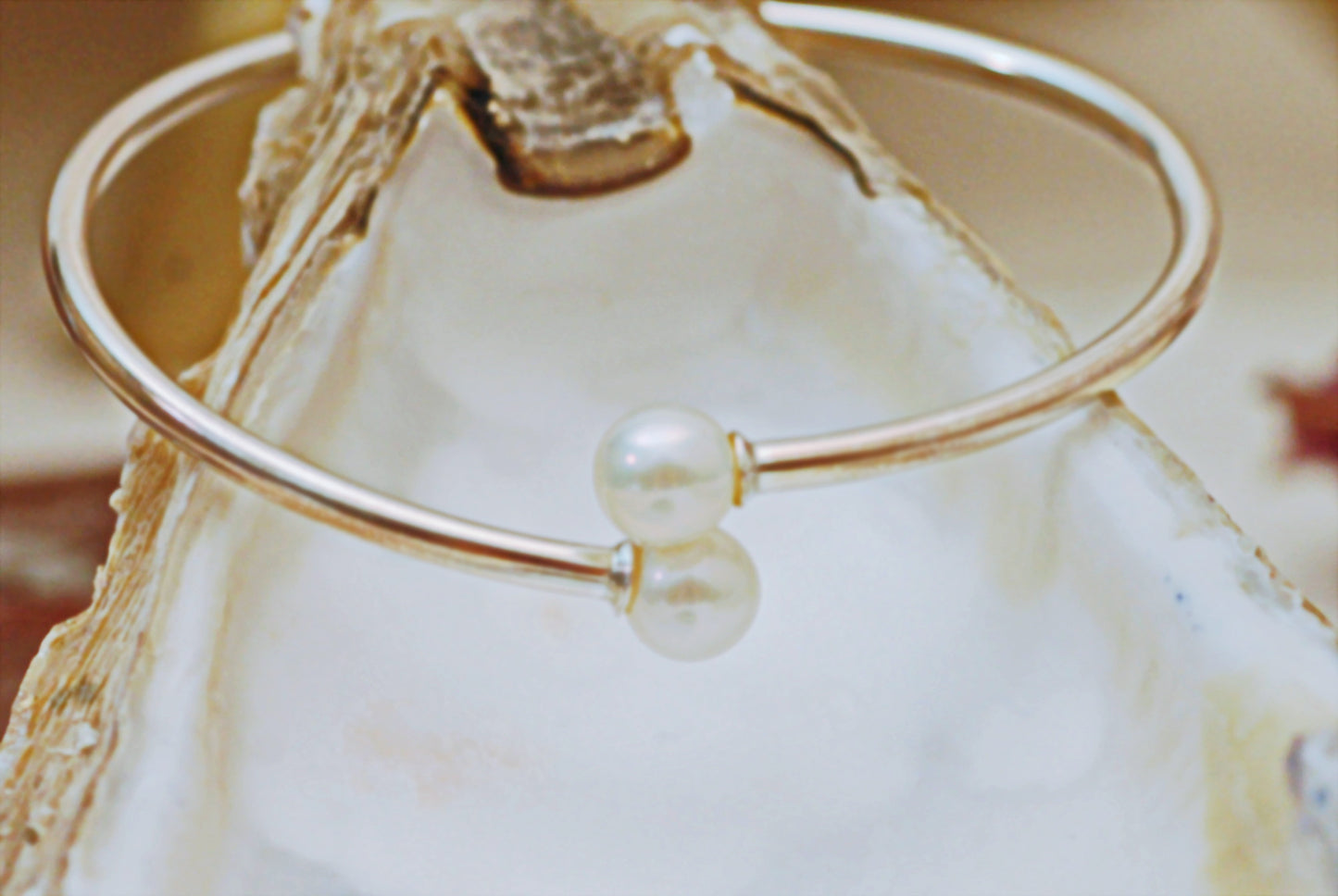 Phoebe - Pearl Flex Bangle in White Pearls, Sterling Silver, FREE SHIP US