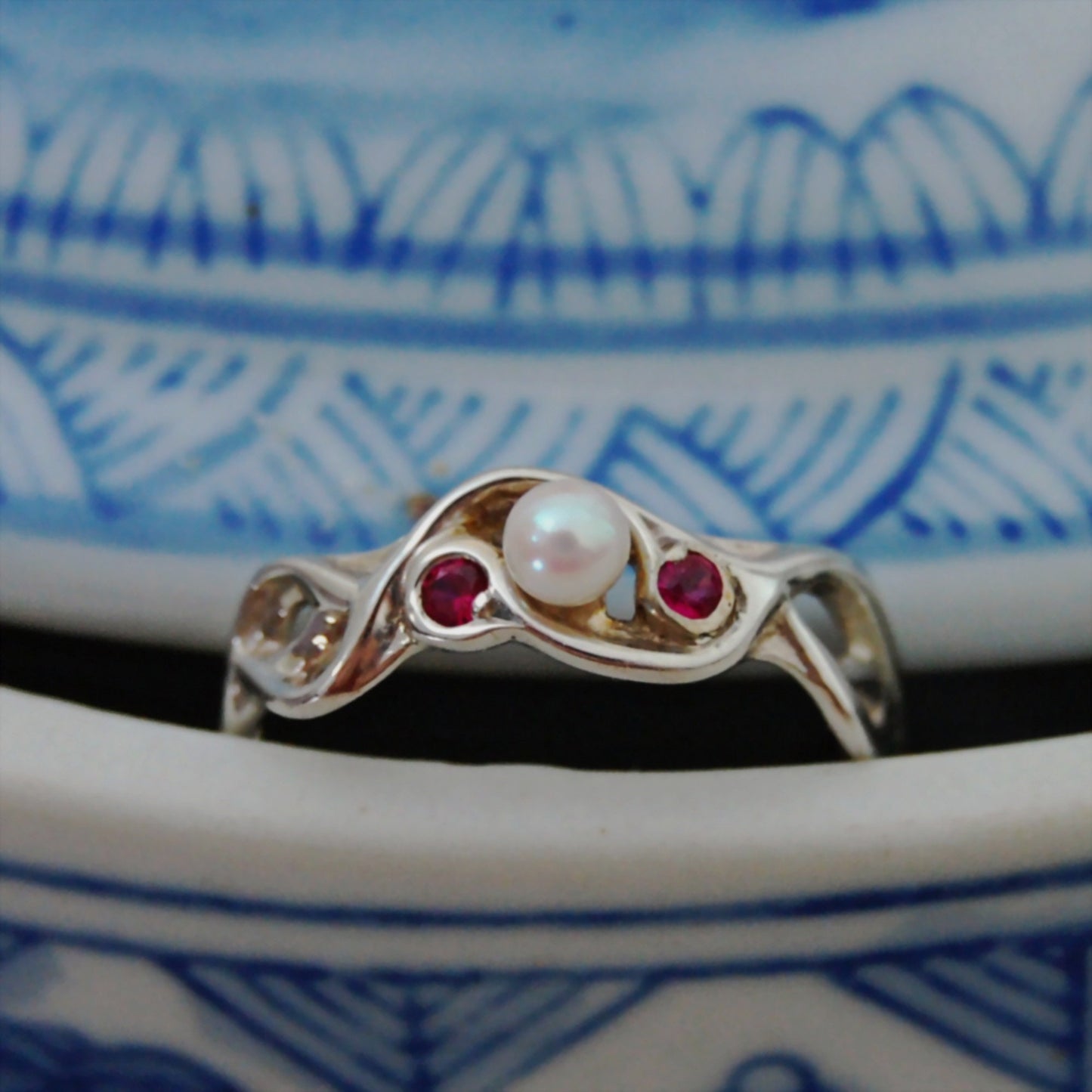 Mira - Pearl and Ruby Ring Set in Easy Care Continuum® Silver