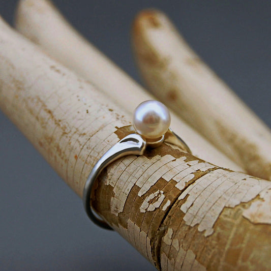 Devika CW - Akoya Pearl Engagement Ring, Promise or Wedding Ring in a Solid Continuum Silver, FREE SHIP