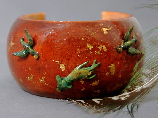 Nadia - Handmade Wooden Bangle Cuff Bracelet with Brass Birds and Gold Flakes, FREE SHIP US