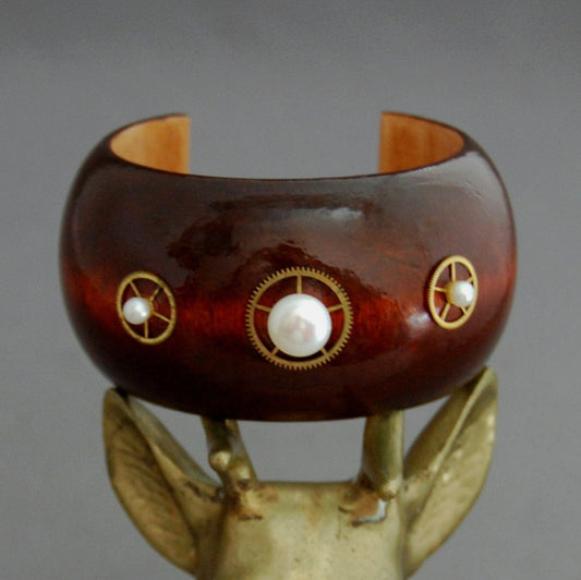 Maren - Unique Handmade Wooden Cuff Bracelet Featuring Pearl and Repurposed Watch Gear Accents, FREE SHIP US