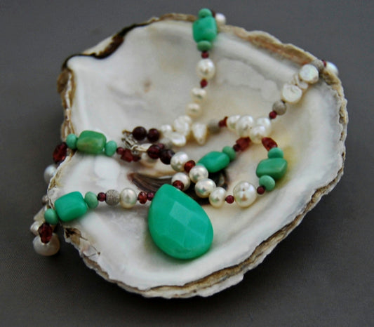 Midori - Gemstone / Pearl Statement Necklace Sterling Silver White Gold