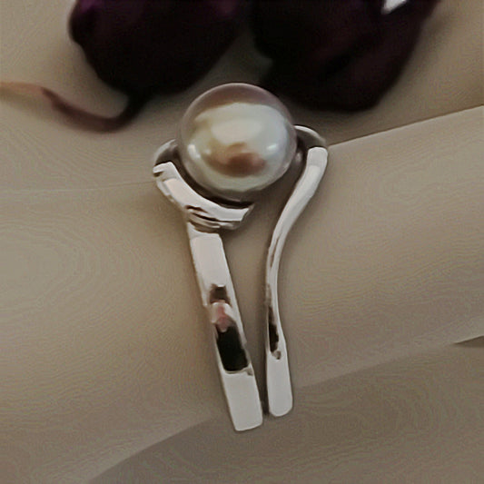 Lakshmi - Freshwater Pearl Engagement or Stacking Ring Set in Solid Sterling Silver. Rare Natural Pewter Gray Color. FREE SHIPPING US