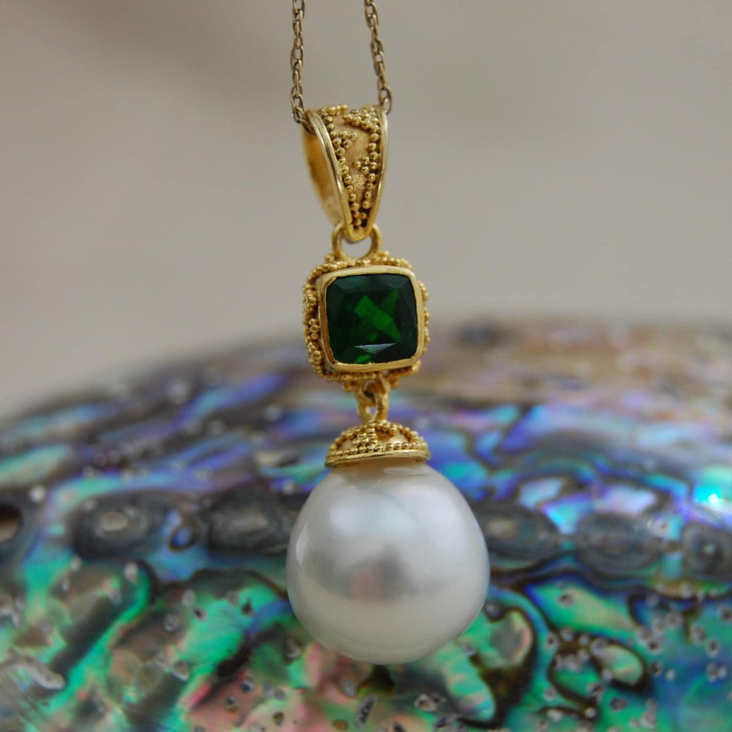 Cariana - South Sea Statement Pearl Pendant with Chrome Diopside Gemstone Accent. FREE SHIP USA