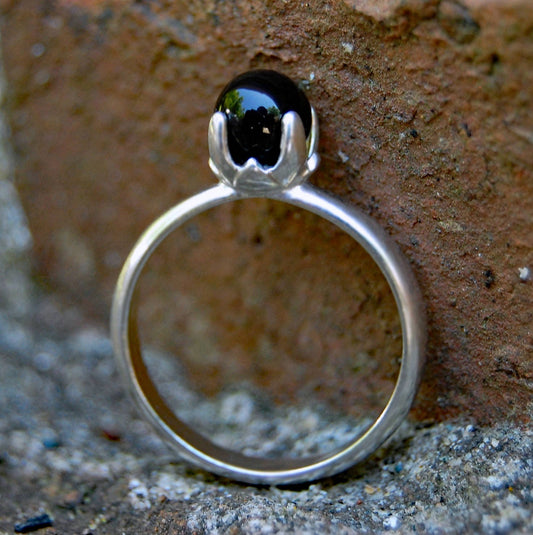 Asima - Black Onyx Ring Set in a Solid Easy Care Argentium® Silver Flower Setting. Solitaire Ring, Stacking Ring, Friendship Ring.