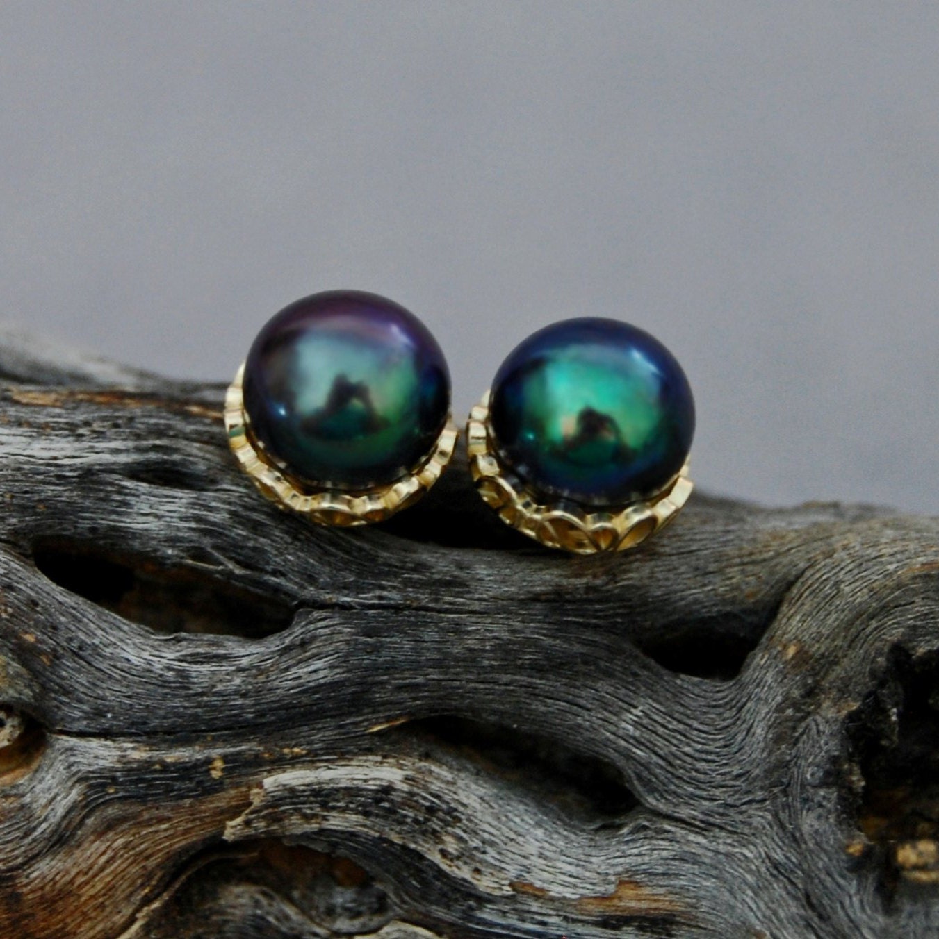Victoria - Black Peacock Pearl Stud Earrings Set in Solid 14k Gold, FREE SHIPPING US