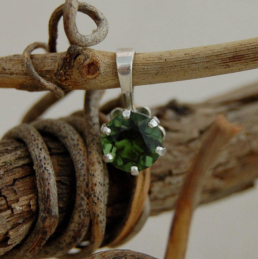 Petra - Green Genuine Moldavite Gemstone Pendant Set in Solid Sterling Silver, Rhodium Plated for Easy Care. FREE SHIPPING US.