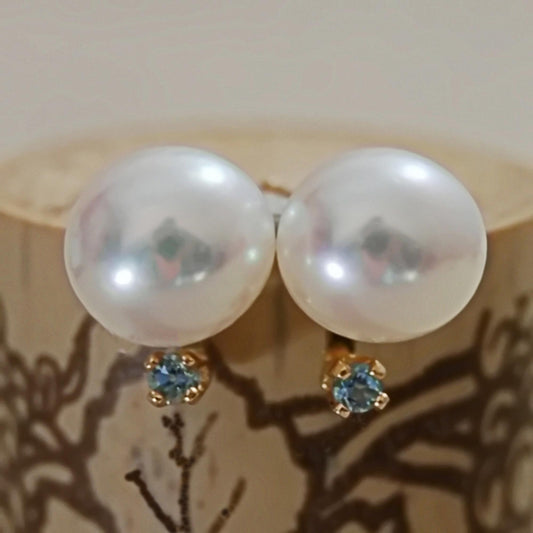 Neiva - Unique Freshwater Pearl Stud Earrings with Aquamarine Accents Set in Solid 14kt Gold, FREE SHIPPING US