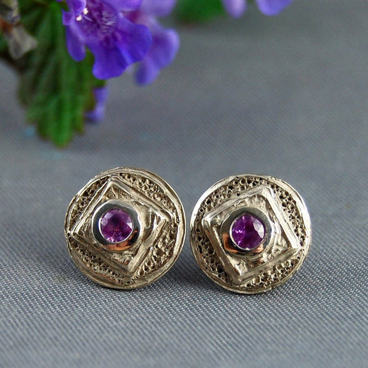 Yori - Handmade Lilac Scapolite Stud Earrings Set in Solid Palladium Gold. FREE SHIPPING US.
