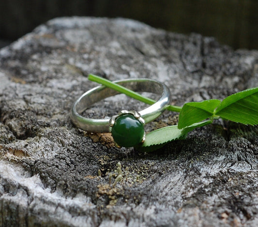 Allena - Solitaire Ring; Nephrite Jade; Dark Green Jade; Argentium® Sterling Silver