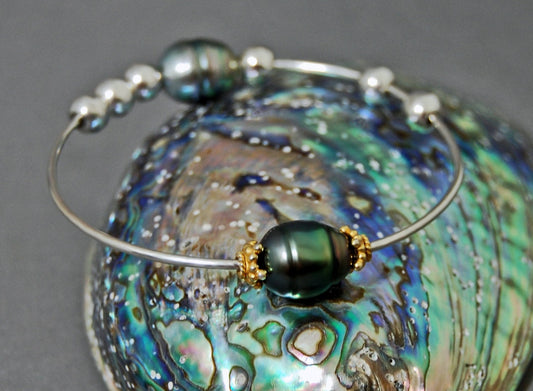 Lola - Pearl Bangle Bracelet Features Tahitian Pearls set on Argentium® Silver with Free Moving Accents, FREE SHIPPING US