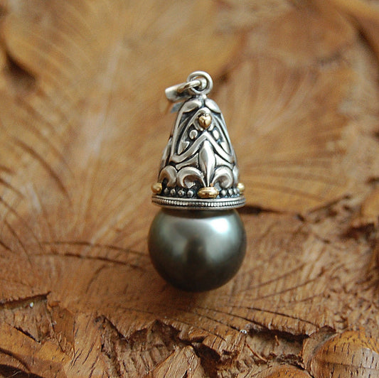 Elizabeth - Tahitian Pearl Pendant Set in Sterling Silver with Gold Accent, FREE SHIP USA
