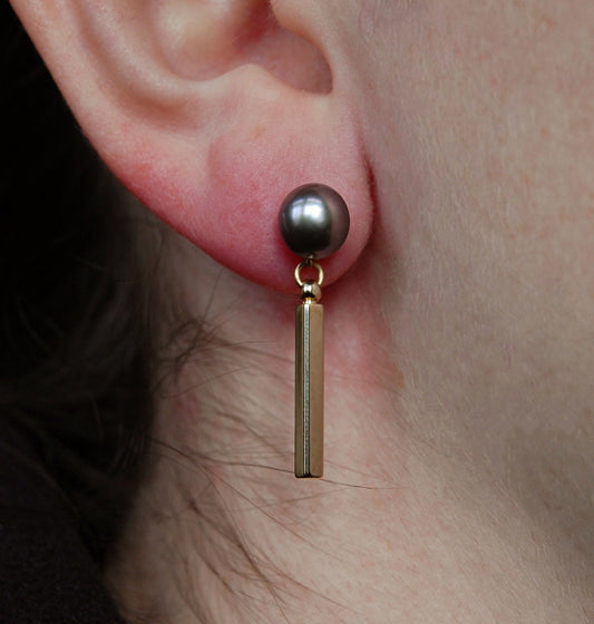 Azaria - Gold Bar Dangle Pearl Stud Earrings, Handmade, FREE SHIPPING US