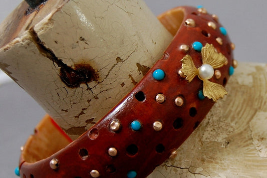 Magnolia - Handmade Wooden Boho Bangle with Turquoise, Gold and Pearl Flower Accents, FREE SHIP US
