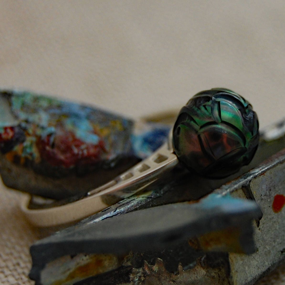 Ebony - Pearl Ring Features a Carved Tahitian Pearl, Set in Solid Sterling Silver, FREE SHIP US