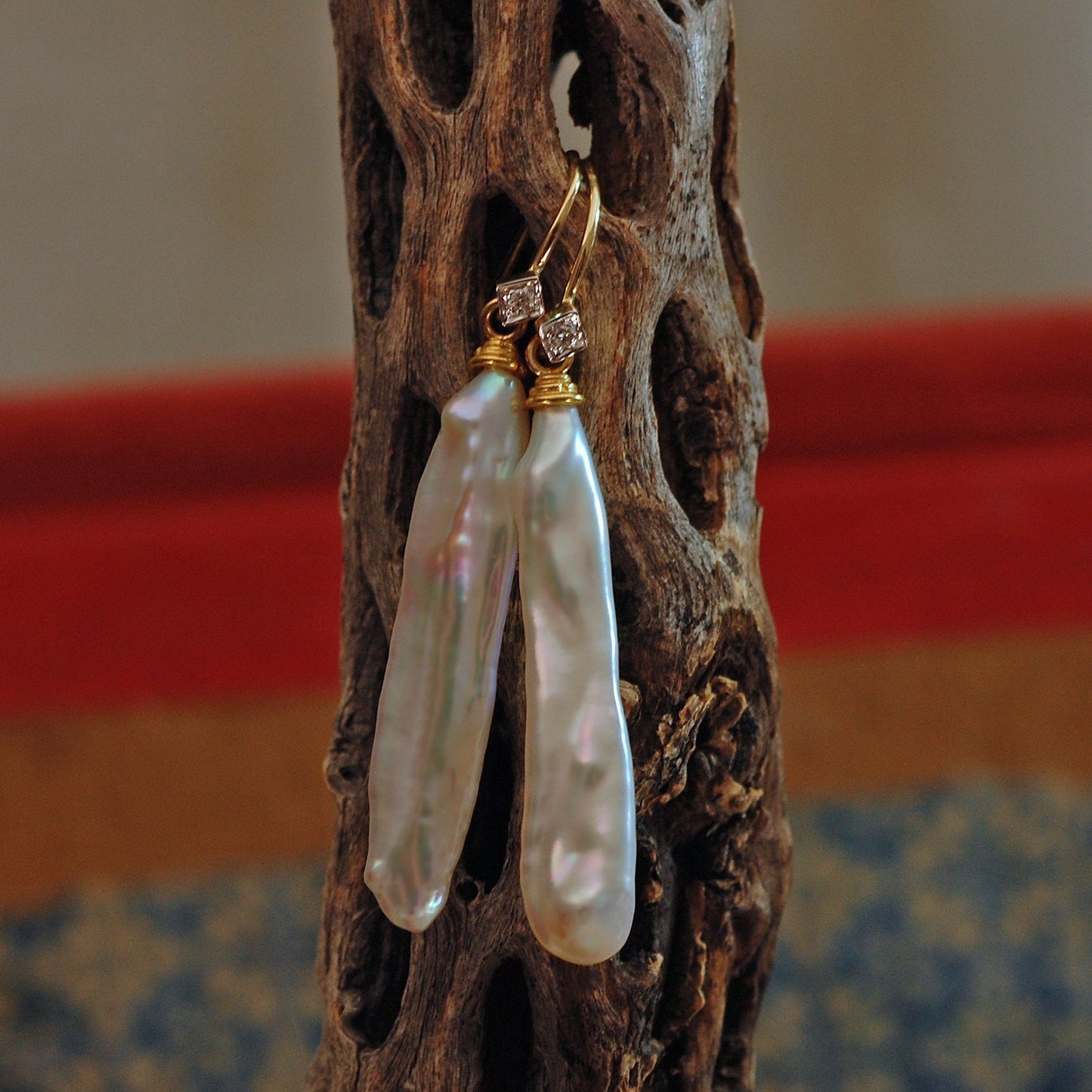 Lusca - Pearl Stick Drop Bridal Earrings Solid 14k Gold Diamond Accents FREE SHIPPING US