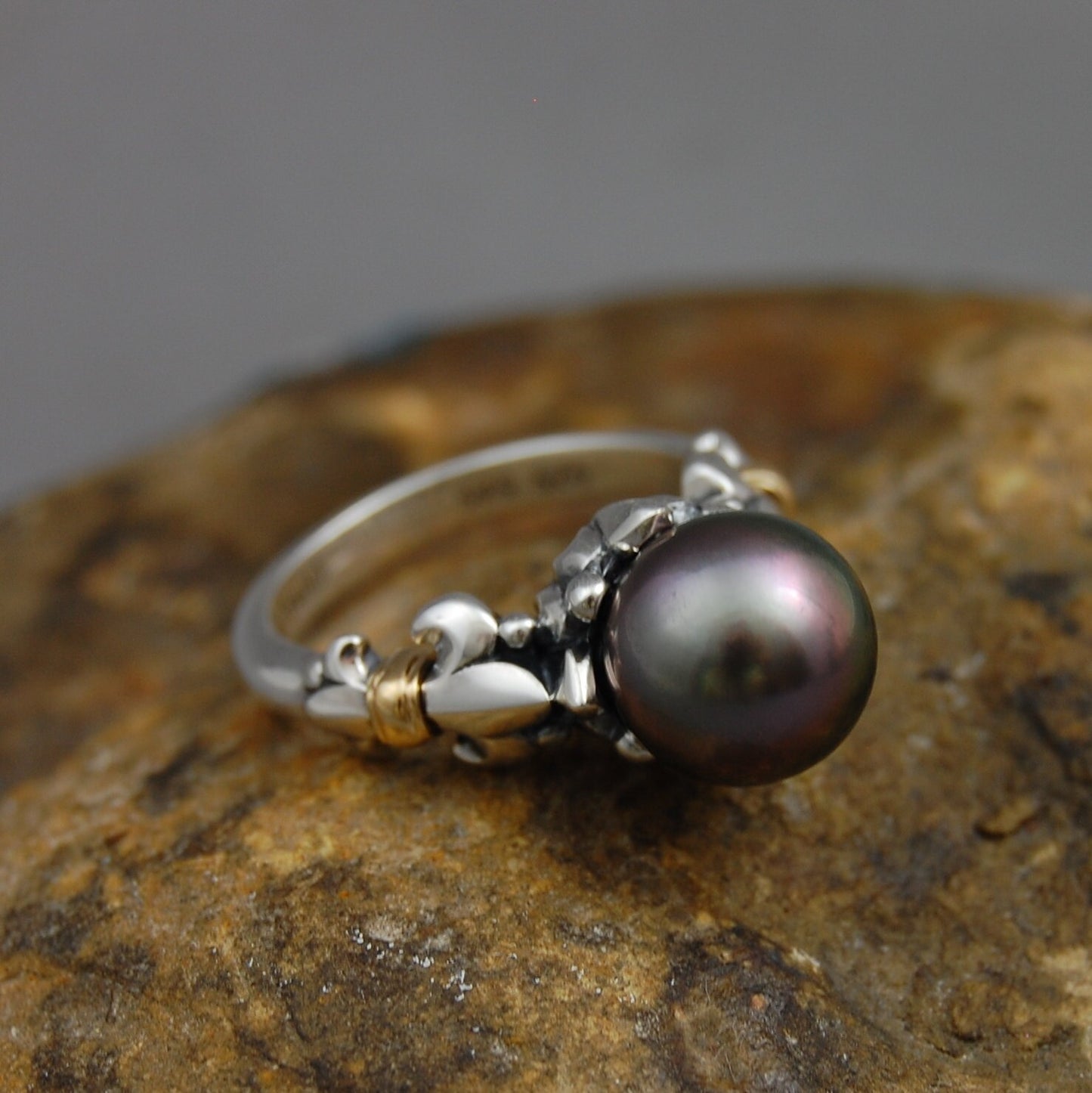 Desiree - Tahitian Pearl Ring, Fleur de Lis Ring, Rare pearl ring. FREE SHIP US
