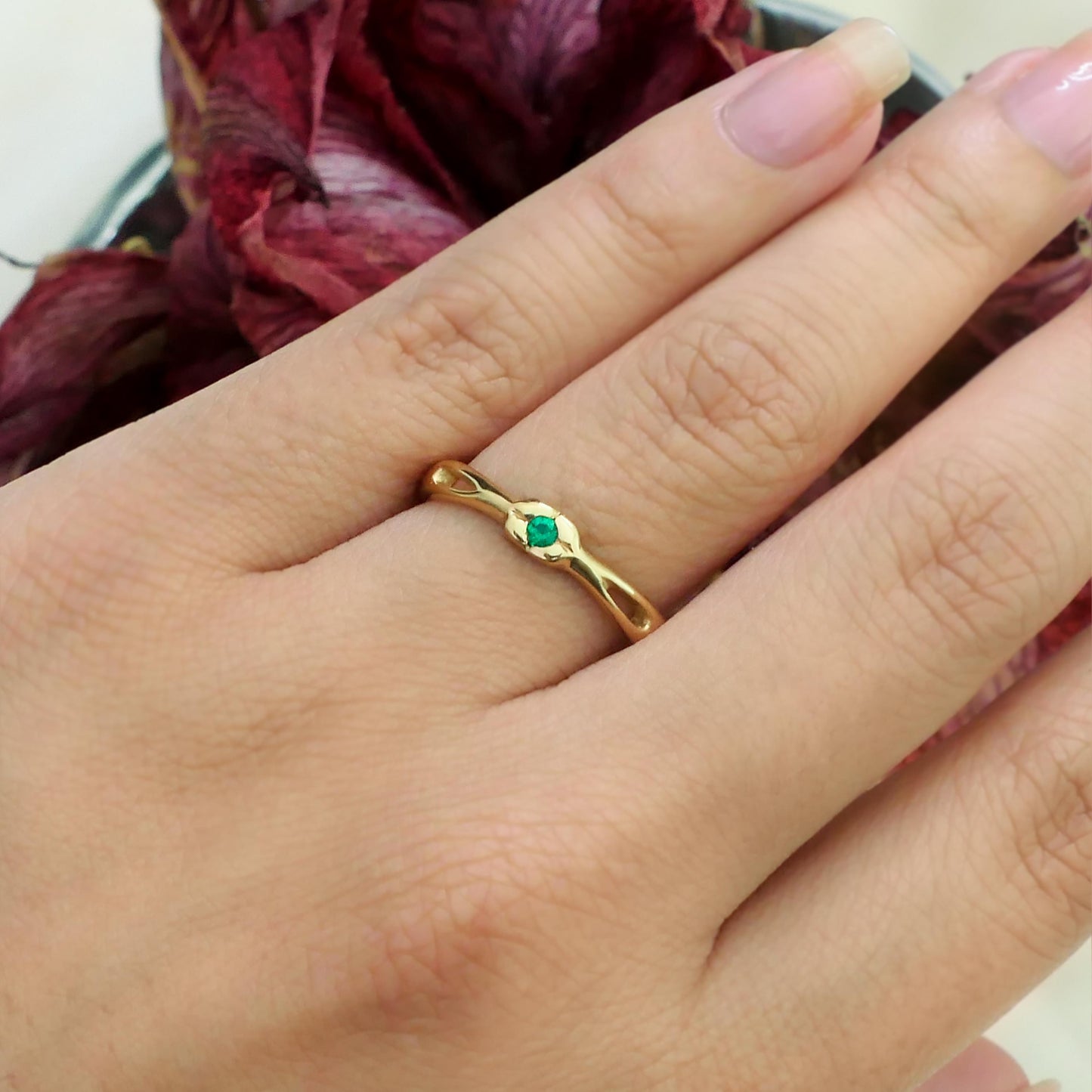 Aisha - Emerald solitaire ring set in solid 14kt yellow gold. Shop exclusive. Shipping free within the US.