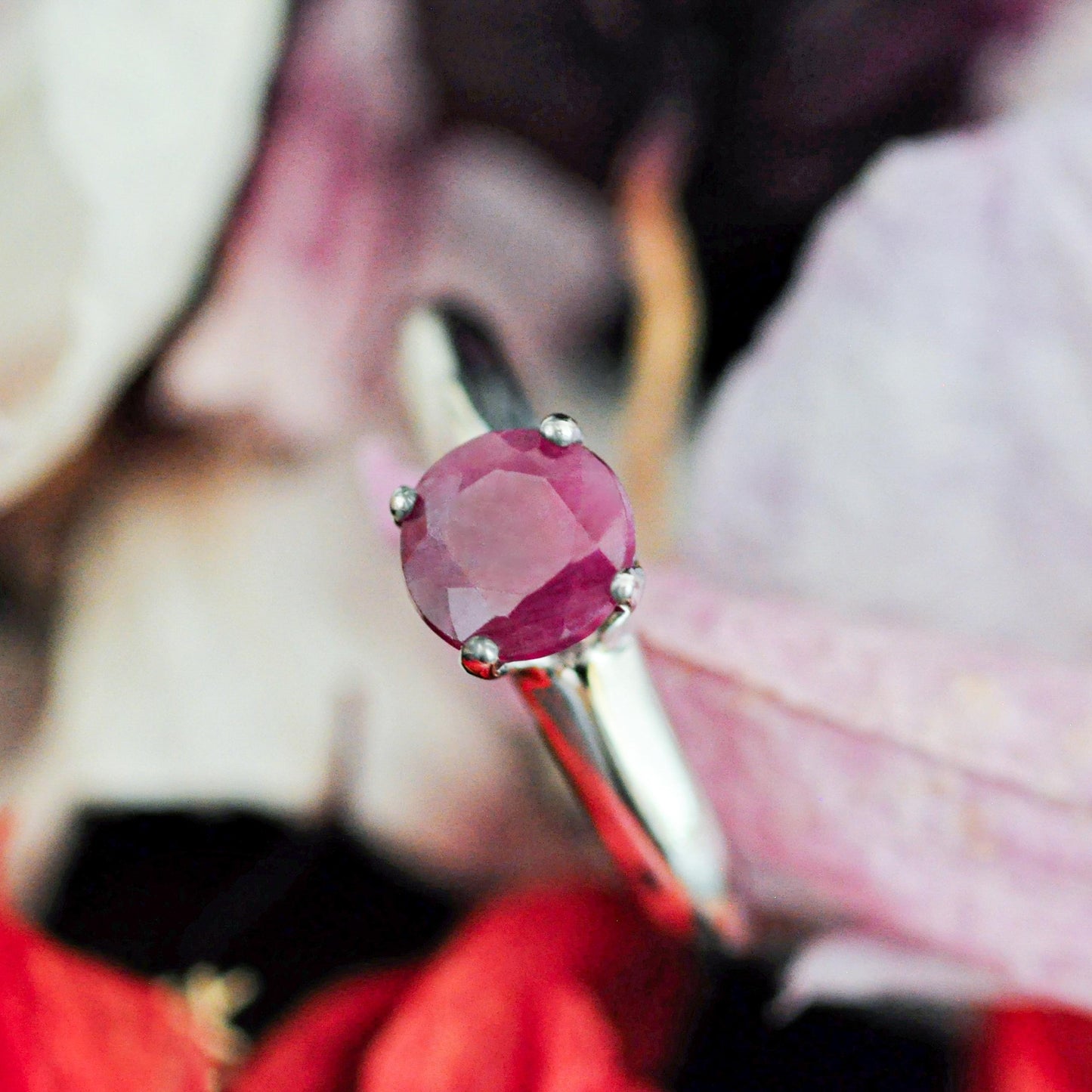 Corazon - Ruby Ring Set in Solid Argentium® Silver, Rhodium Plated for Ease of Care. Free Shipping US.