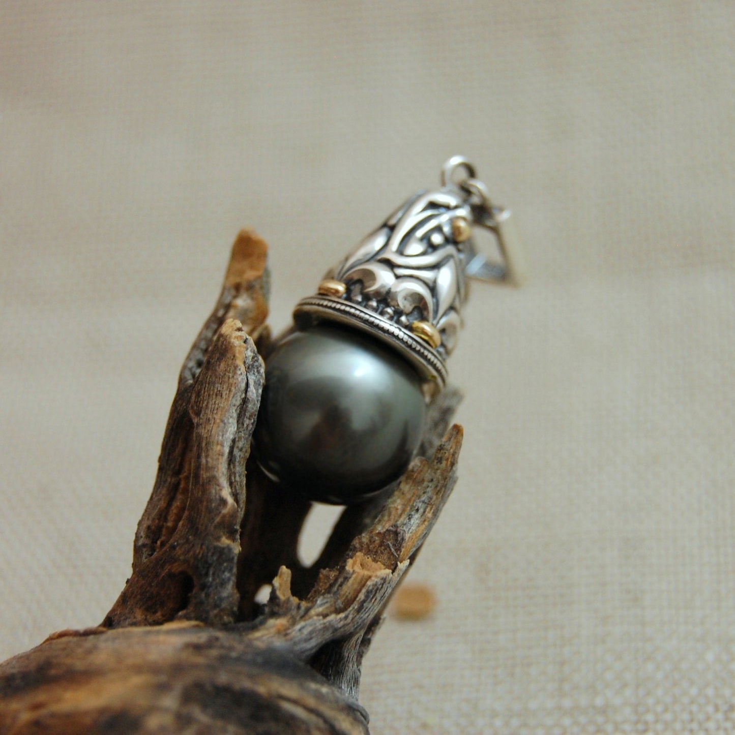 Elizabeth - Tahitian Pearl Pendant Set in Sterling Silver with Gold Accent, FREE SHIP USA