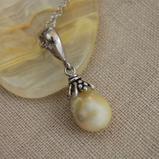 Perla - Freshwater Cream Nucleated Pearl Pendant Necklace, Solid Sterling Silver, FREE SHIP US
