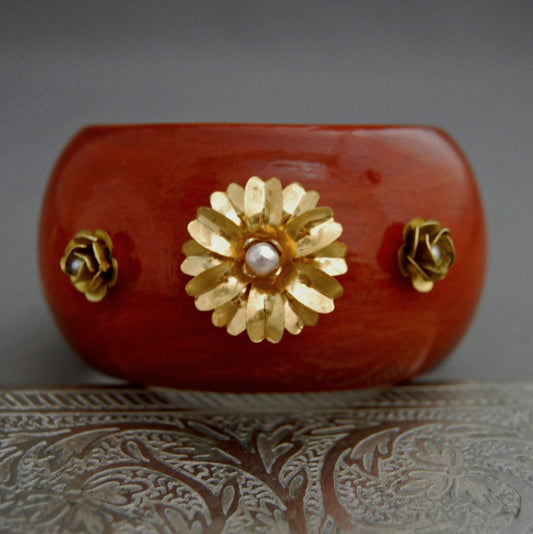 Mari - Wooden Cuff Bracelet, Floral Brass and Pearl Accents, FREE SHIPPING US
