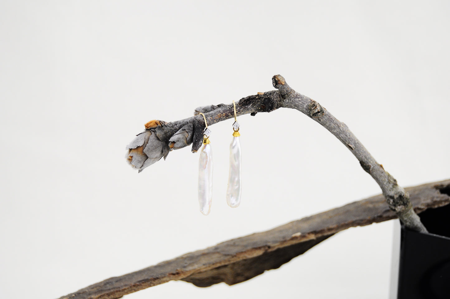 Lusca - Pearl Stick Drop Bridal Earrings Solid 14k Gold Diamond Accents FREE SHIPPING US