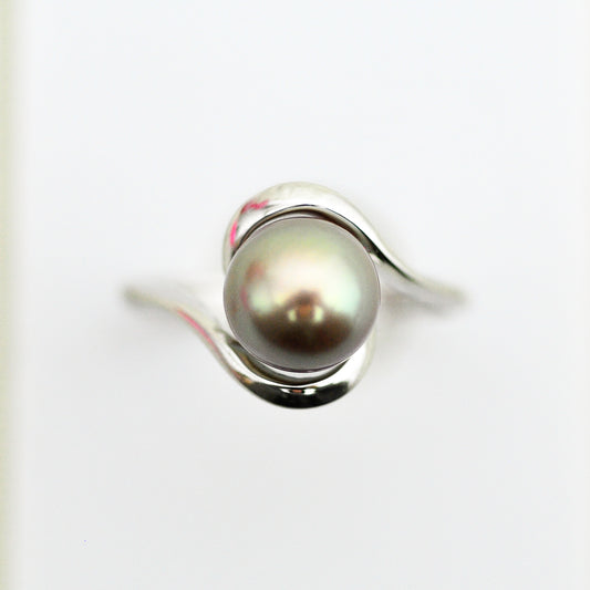 Lakshmi - Freshwater Pearl Engagement or Stacking Ring Set in Solid Sterling Silver. Rare Natural Pewter Gray Color. FREE SHIPPING US