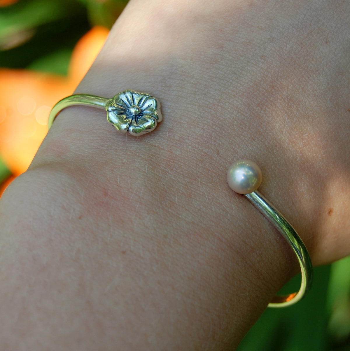 April - Solid Sterling Silver Cuff Bracelet with Pearl and Flower Accents