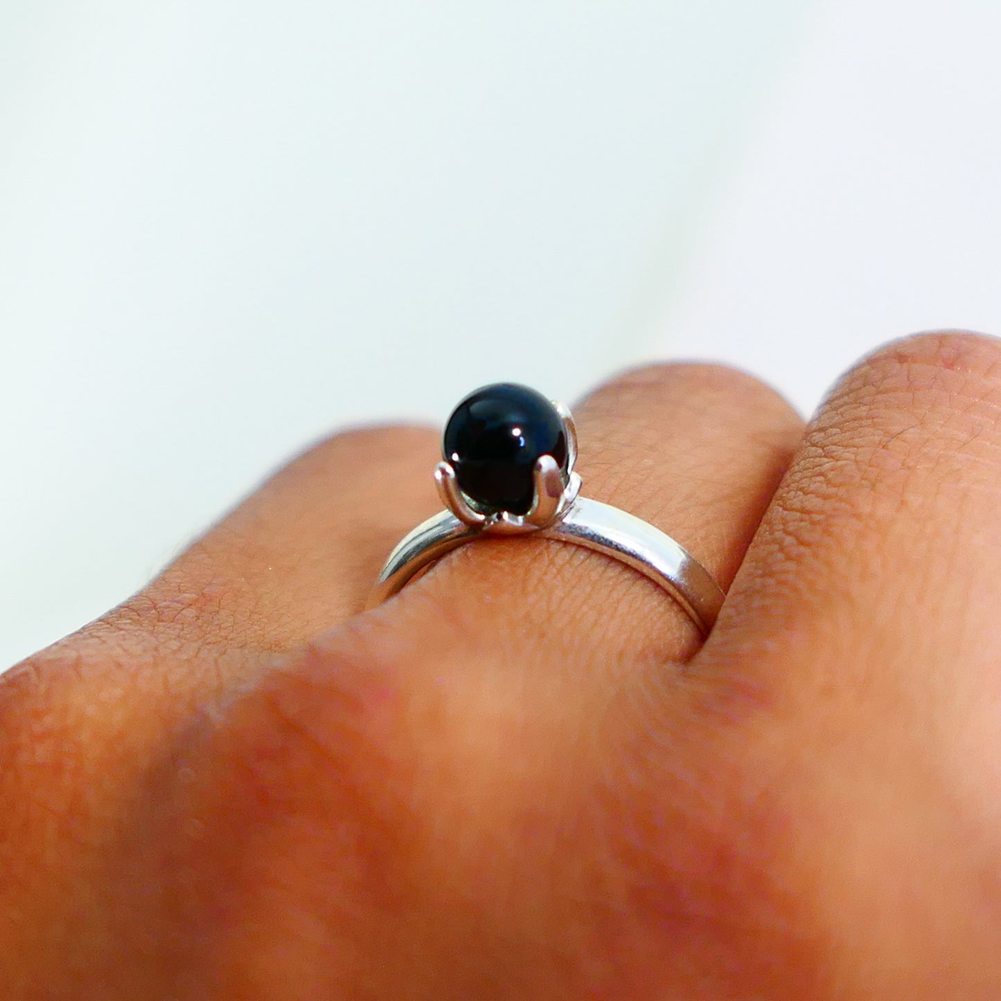 Asima - Black Onyx Ring Set in a Solid Easy Care Argentium® Silver Flower Setting