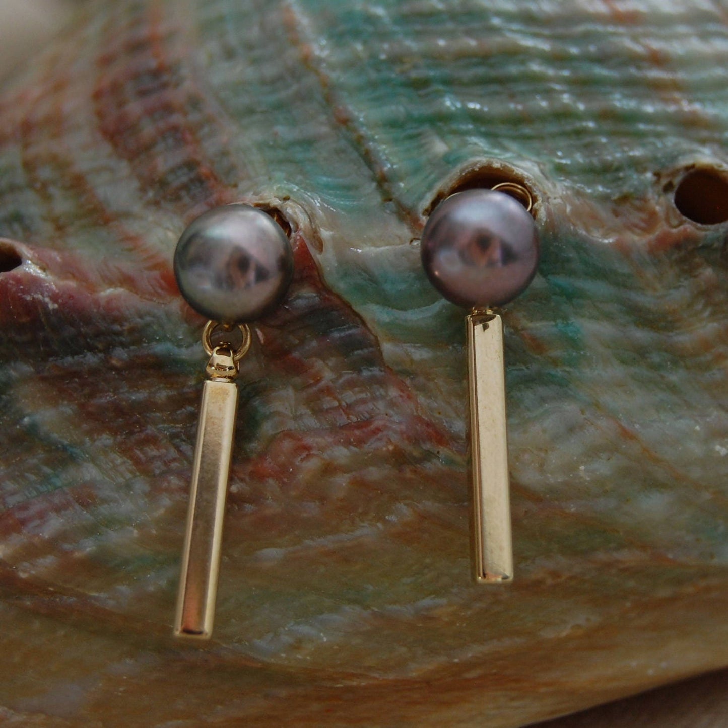 Azaria - Gold Bar Dangle Pearl Stud Earrings, Handmade, FREE SHIPPING US