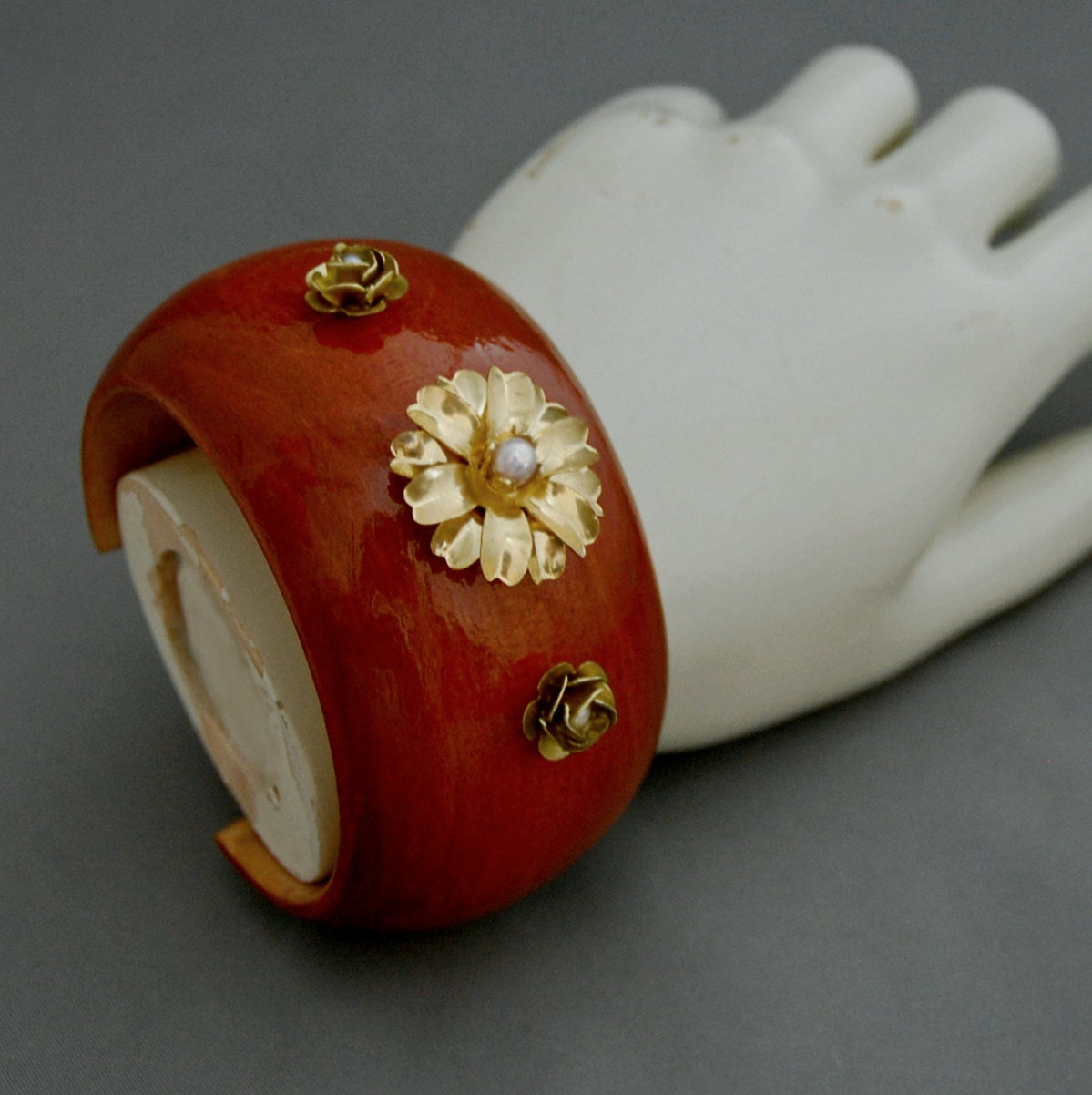 Mari - Wooden Cuff Bracelet, Floral Brass and Pearl Accents, FREE SHIPPING US