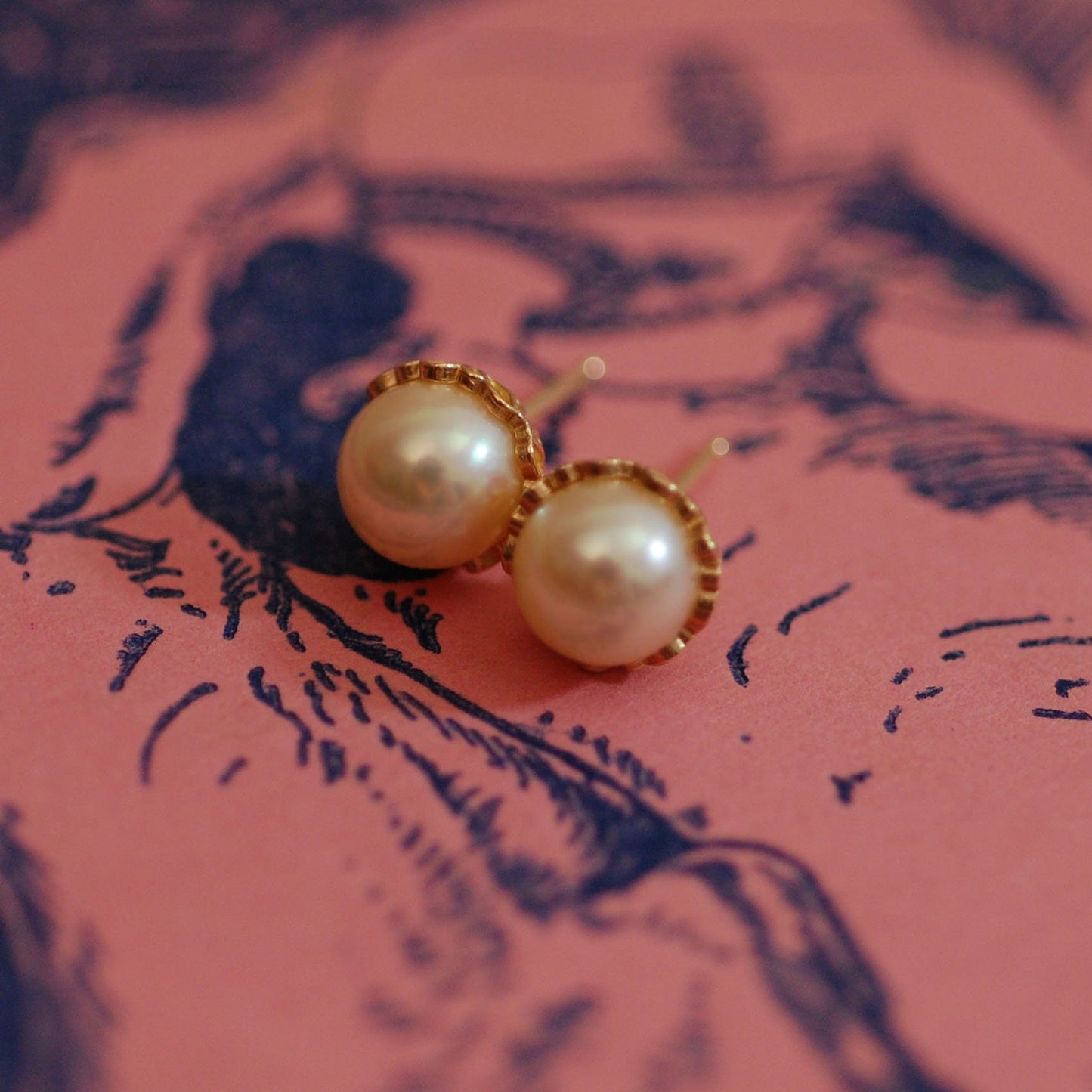 Grace - Pearl Stud Earrings, 14kt Gold Filigree, FREE SHIP US