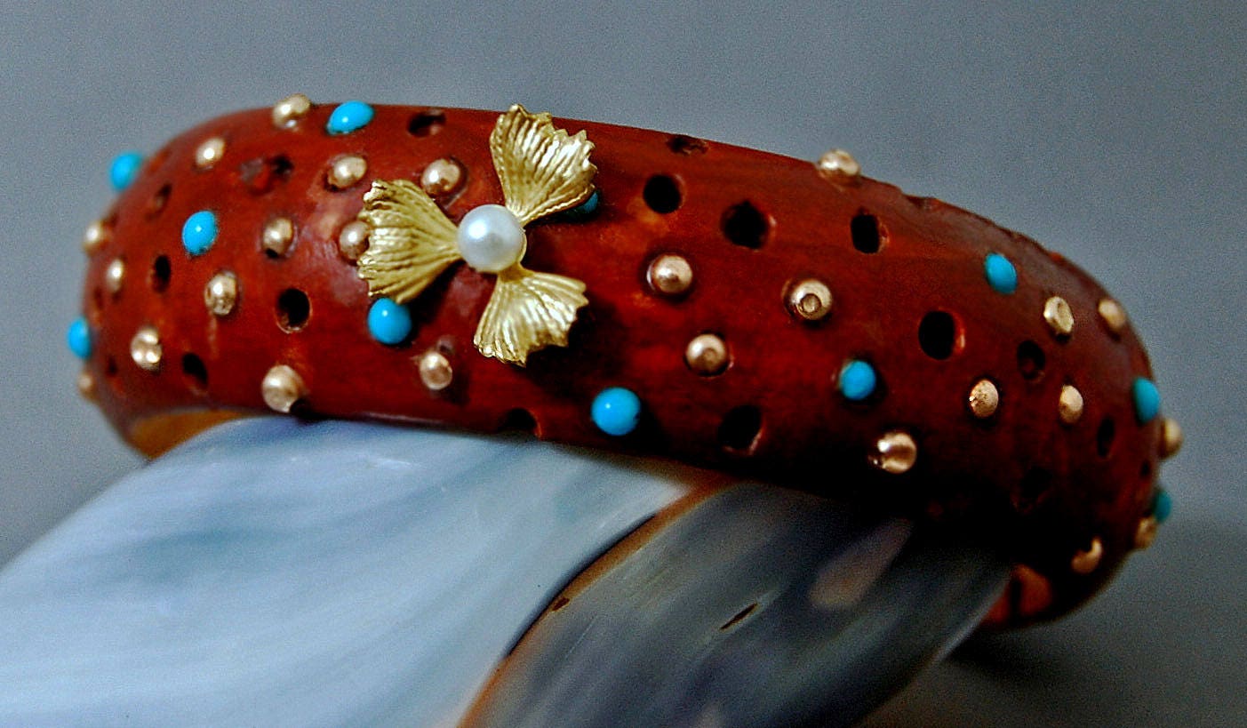 Magnolia - Handmade Wooden Boho Bangle with Turquoise, Gold and Pearl Flower Accents, FREE SHIP US