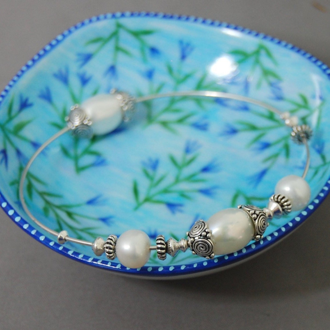 Maria - White Freshwater Pearl Wedding Bangle, Argentium® Silver, FREE SHIP US