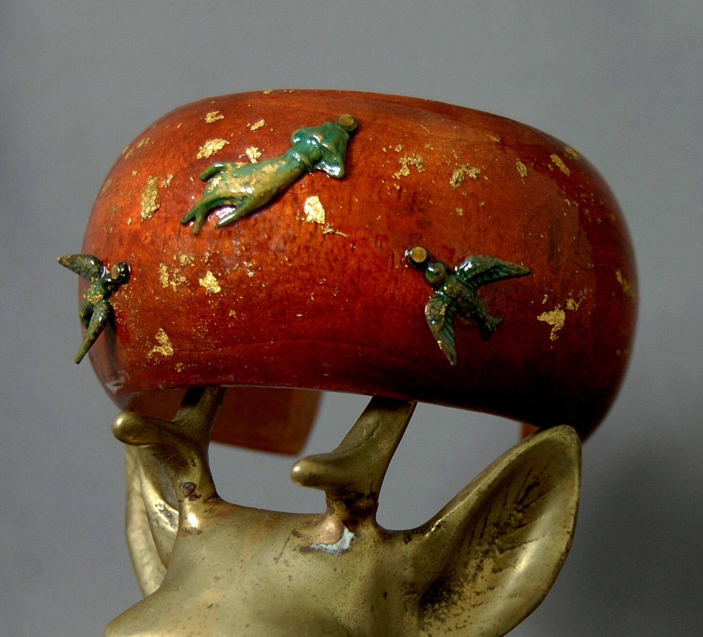 Nadia - Handmade Wooden Bangle Cuff Bracelet with Brass Birds and Gold Flakes, FREE SHIP US