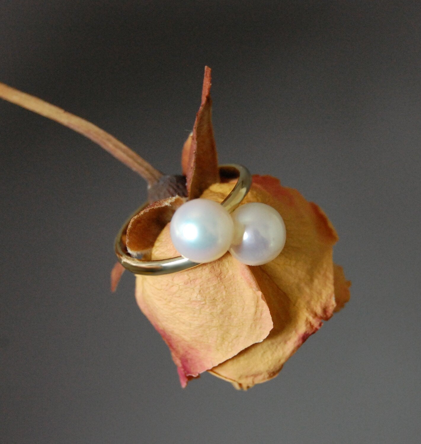 Luce - Pearl Ring Features Double Freshwater Pearls Set in 14kt gold, FREE SHIPPING US