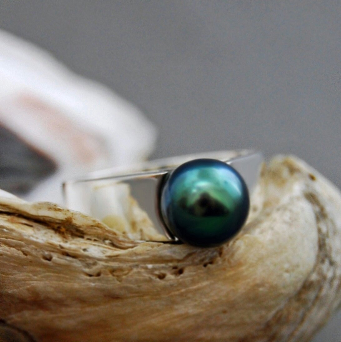 Marla - Tahitian Pearl Ring Set in Solid Sterling Silver Rhodium Plated for Ease of Care. FREE SHIP US.