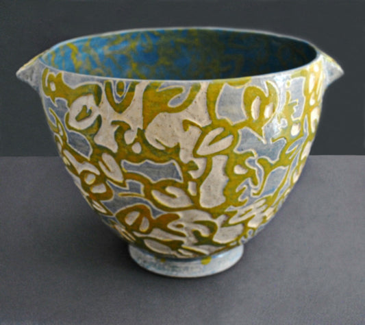 Shade Patterns - Ceramic Bowl hand carved with leaf patterns in blue and yellow.Food safe. FREE SHIPPING US.