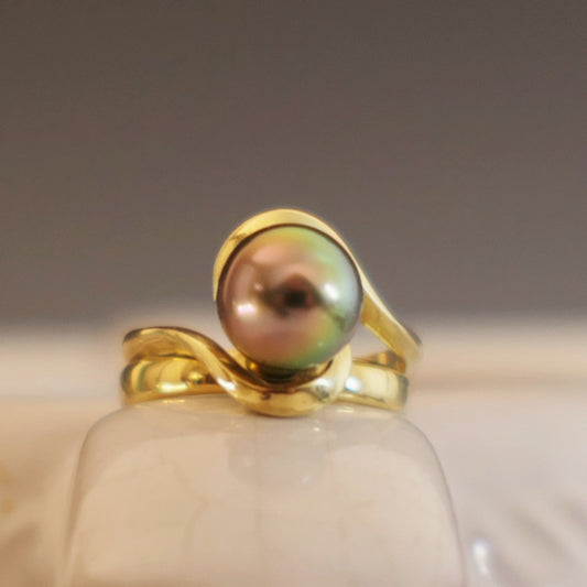 Laxmi - Luxurious Natural Colored Peacock Tahitian Pearl Solitaire Engagement Ring Set in Solid 14kt Yellow Gold. Free Shipping in US