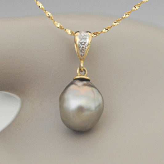Ally - Baroque Tahitian Pearl Pendant with 14k Gold Diamond Accent