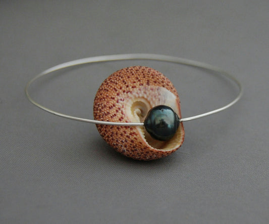 Elle - Pearl Bangle Features a Black Tahitian Pearl and Sterling Silver, FREE SHIPPING US