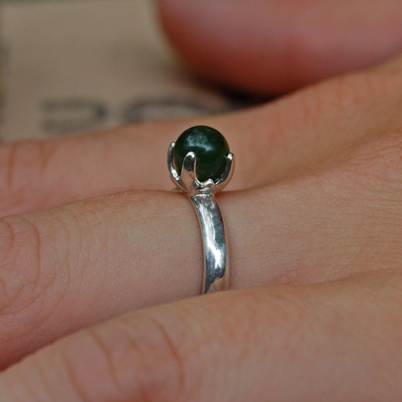 Allena - Solitaire Ring; Nephrite Jade; Dark Green Jade; Argentium® Sterling Silver