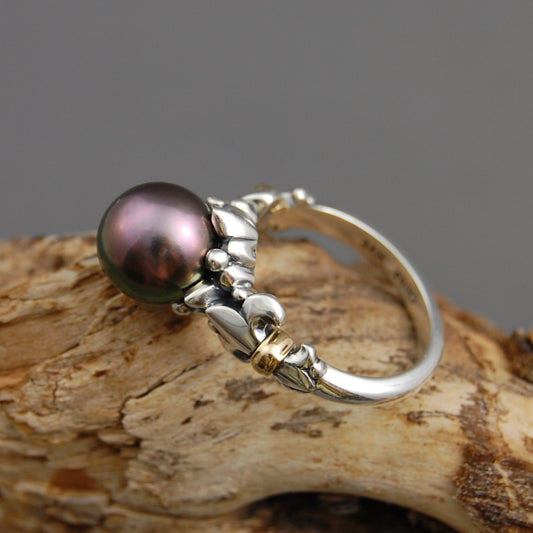 Desiree - Tahitian Pearl Ring, Fleur de Lis Ring, Rare pearl ring. FREE SHIP US