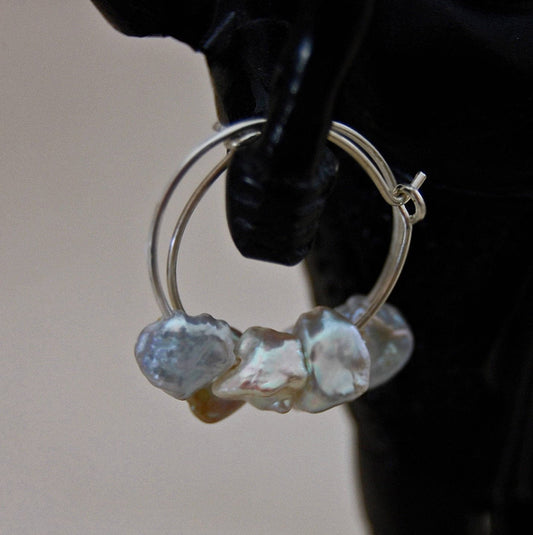 Gwen - Pearl Hoop Earrings Features Freshwater Keshi Pearls on Argentium® Silver, FREE SHIPPING US