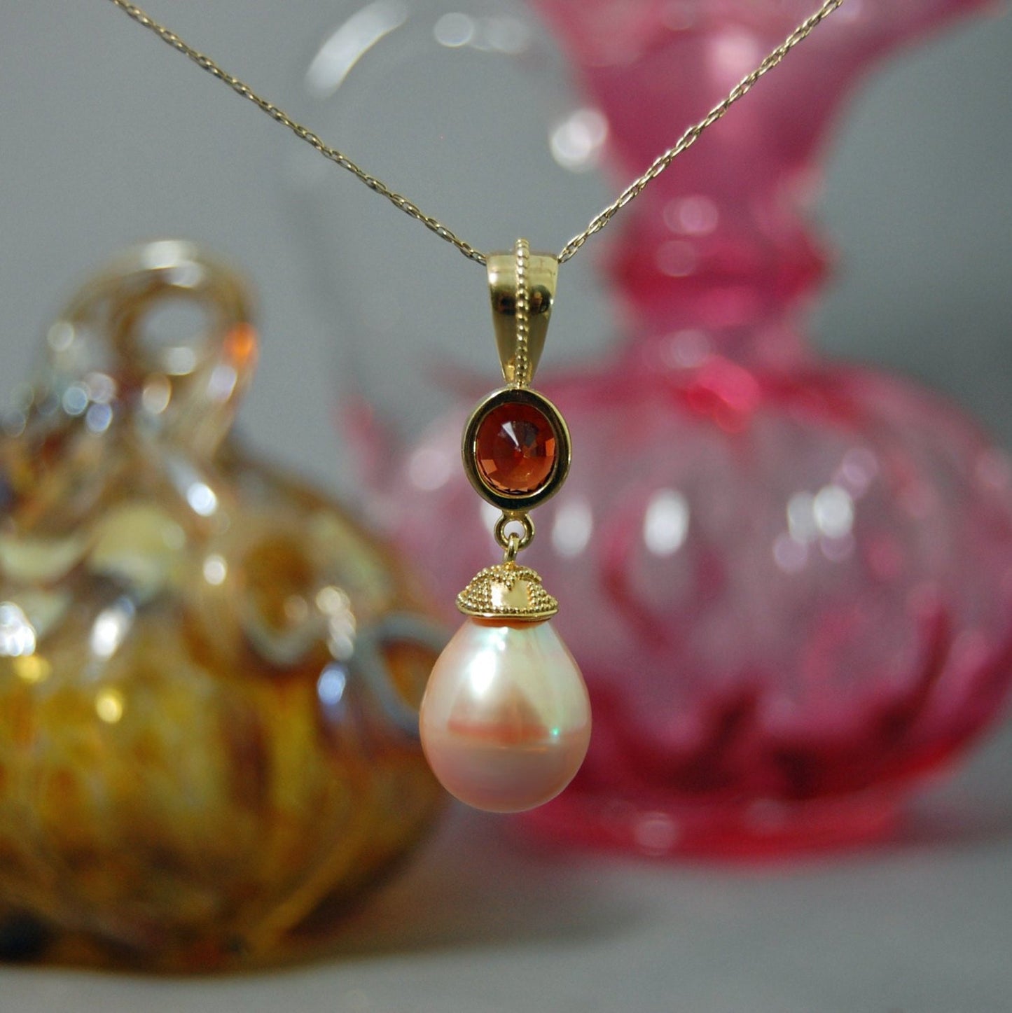 Padma - Large Freshwater Pearl Pendant with Garnet Gemstone Accent, FREE Shipping within the US