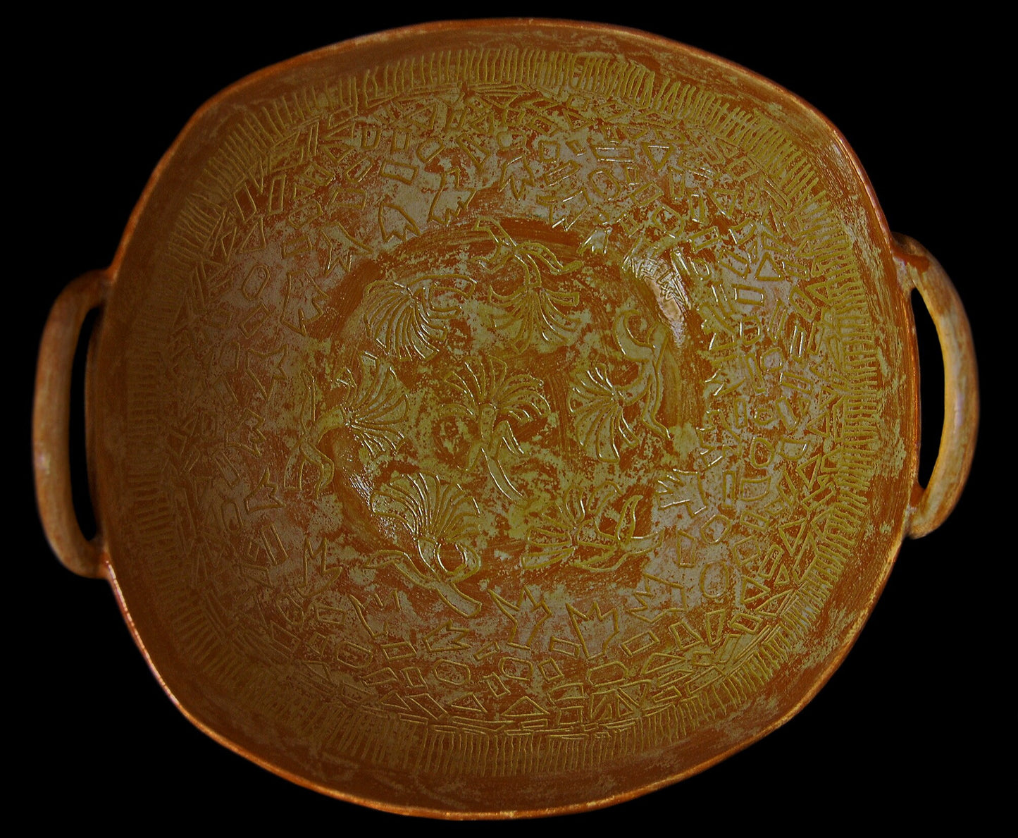 Provencal Ginkgo - Large handmade bowl with sgraffito drawings and added strap handles with a Ginkgo leaf motif. Free shipping US.