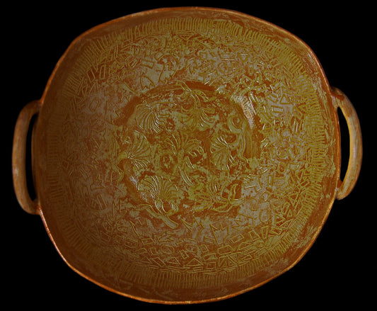 Provencal Ginkgo - Large handmade bowl with sgraffito drawings and added strap handles with a Ginkgo leaf motif. Free shipping US.